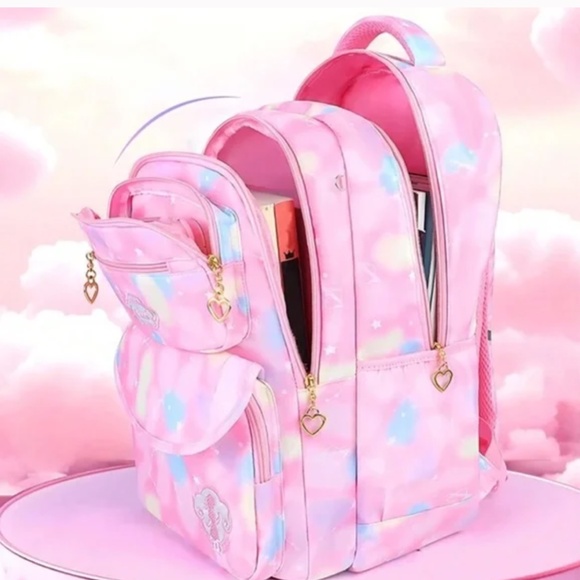 Back to School Whimsical Pink Cloud Backpack with Padded Straps and Lunch Bag - Picture 2 of 5